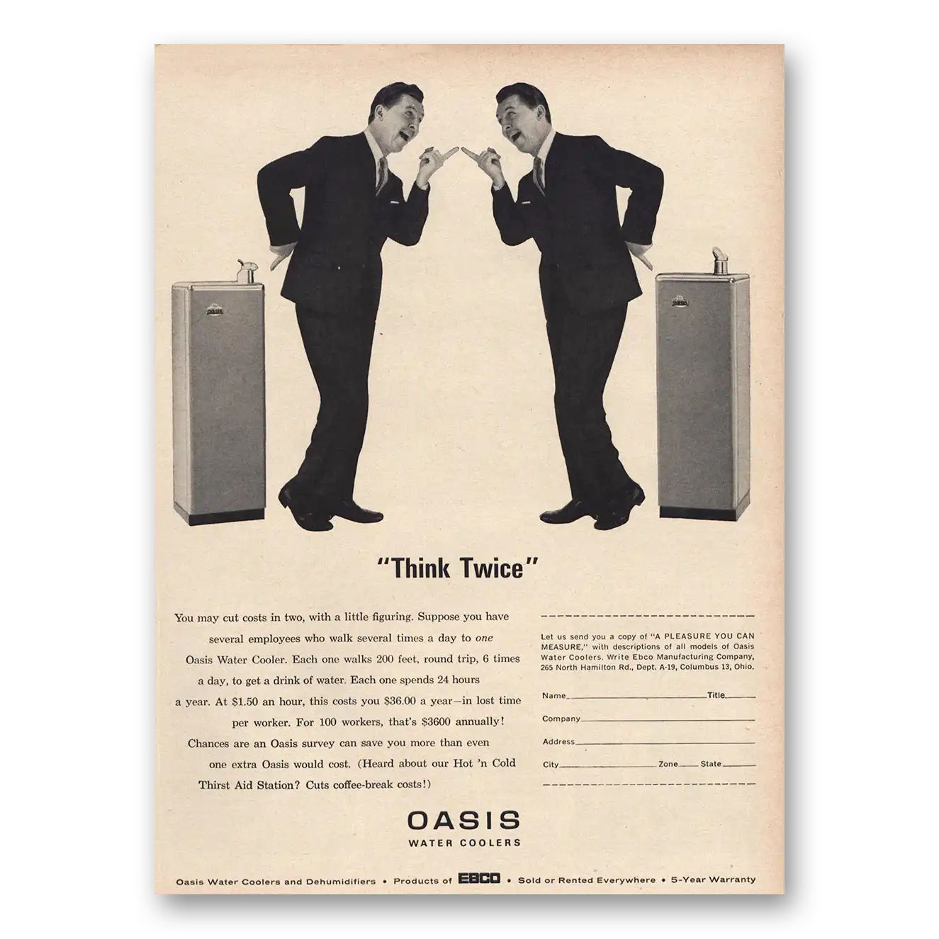 1963 Oasis Water Cooler Think Twice Vintage Magazine Print Ad