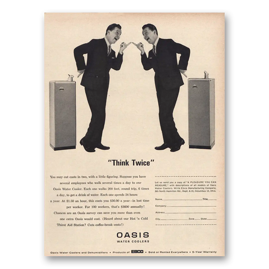 1963 Oasis Water Cooler Think Twice Vintage Magazine Print Ad