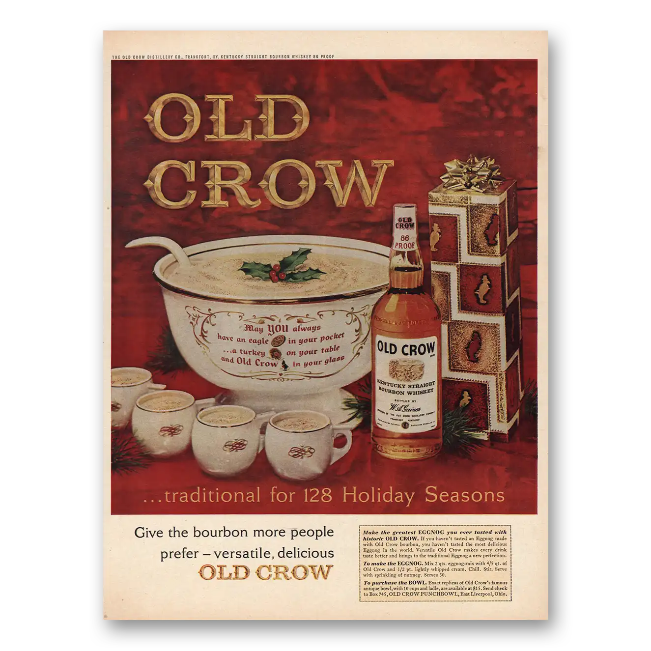 1963 Old Crow Whiskey Traditional 128 Holiday Seasons Vintage Magazine Print Ad