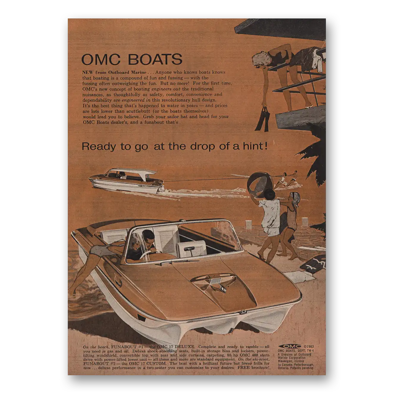 1963 OMC Boats Ready to Go Drop of Hint Vintage Magazine Print Ad