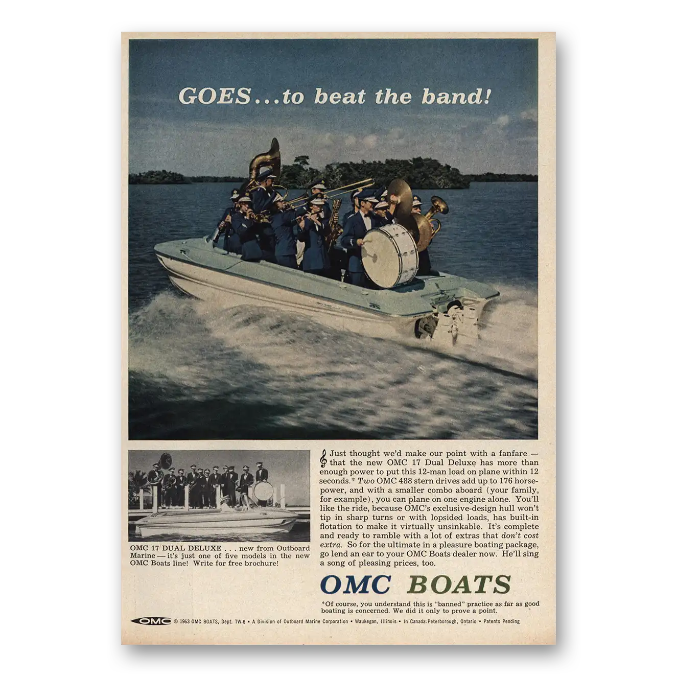 1963 OMC Boats Goes To the Beat of the Band Vintage Magazine Print Ad