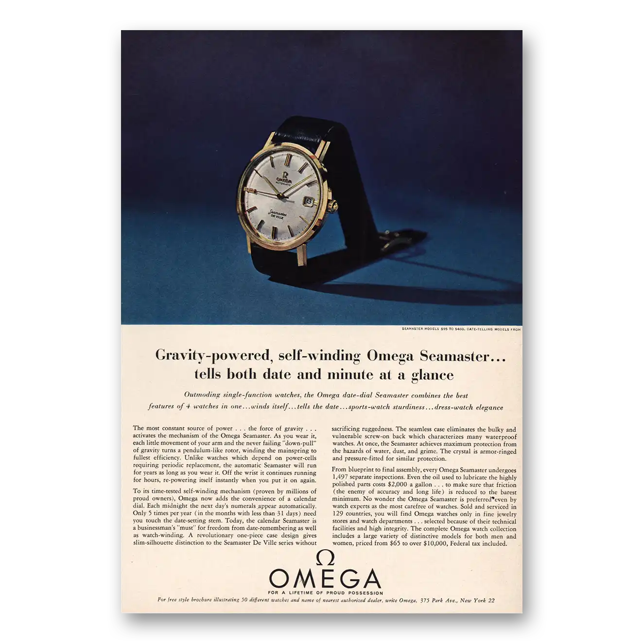 1963 Omega Watch Gravity Powered Vintage Magazine Print Ad