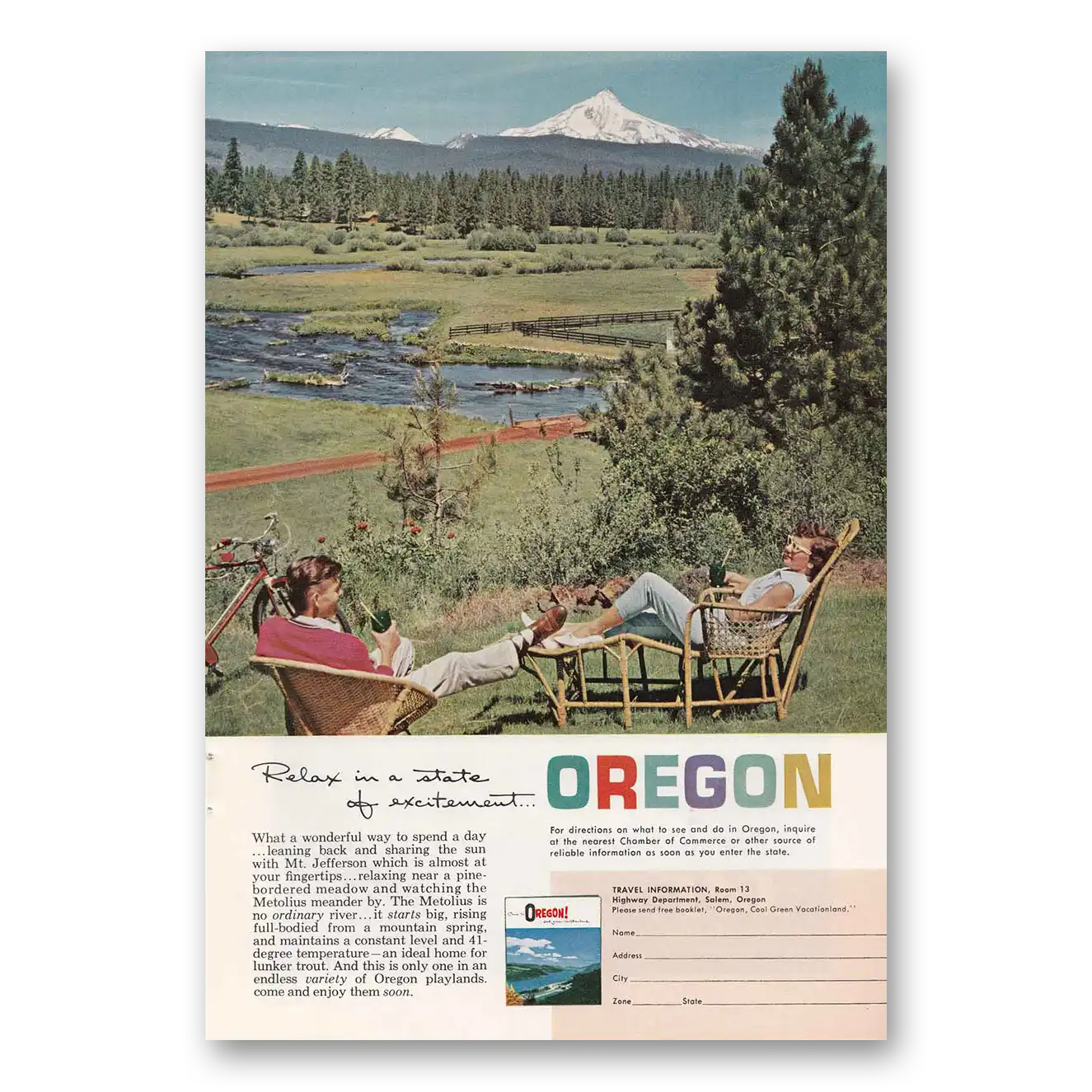 1963 Oregon Relax Mt Jefferson Vintage Magazine Print Ad