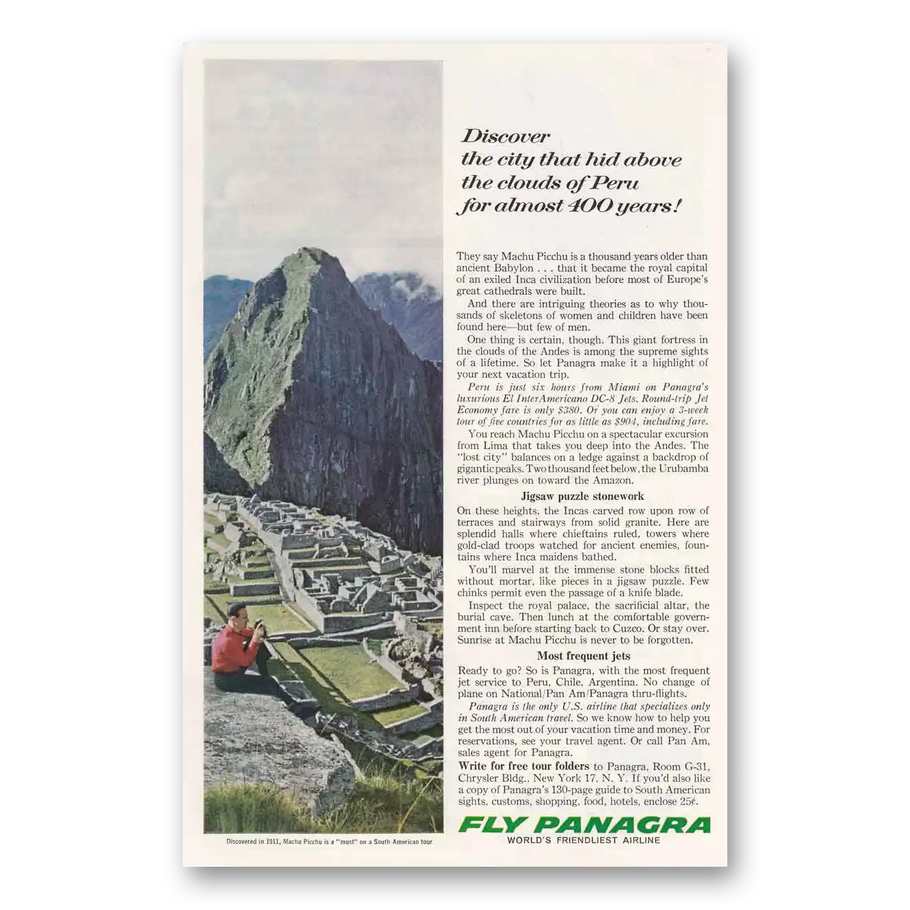 1963 Panagra Airlines Machu Picchu Hid Above the Clouds Vintage Magazine Print Ad