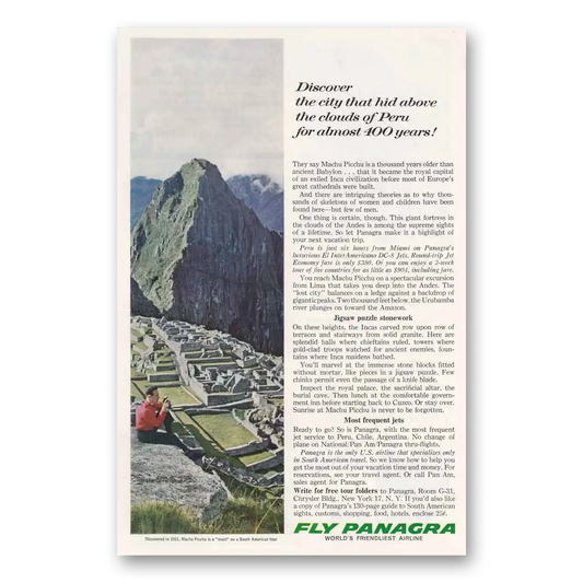 1963 Panagra Airlines Machu Picchu Hid Above the Clouds Vintage Magazine Print Ad