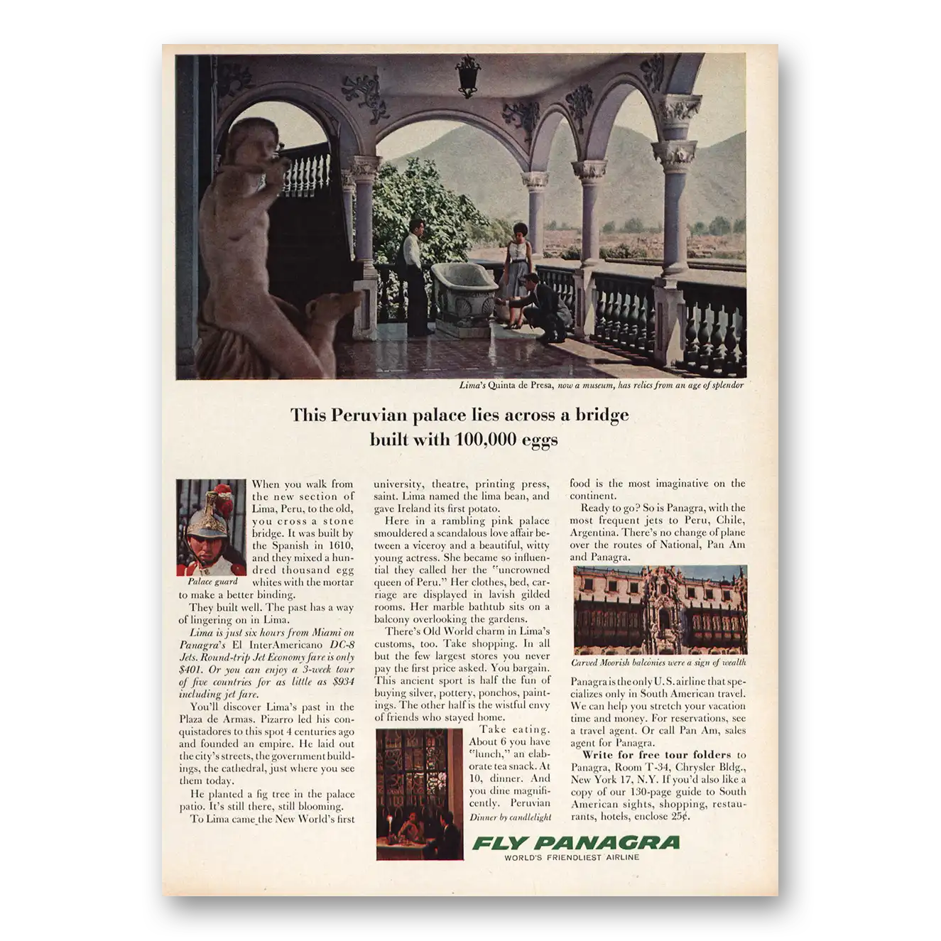 1963 Panagra Airlines Peruvian Palace Lies Across a Bridge Vintage Magazine Print Ad