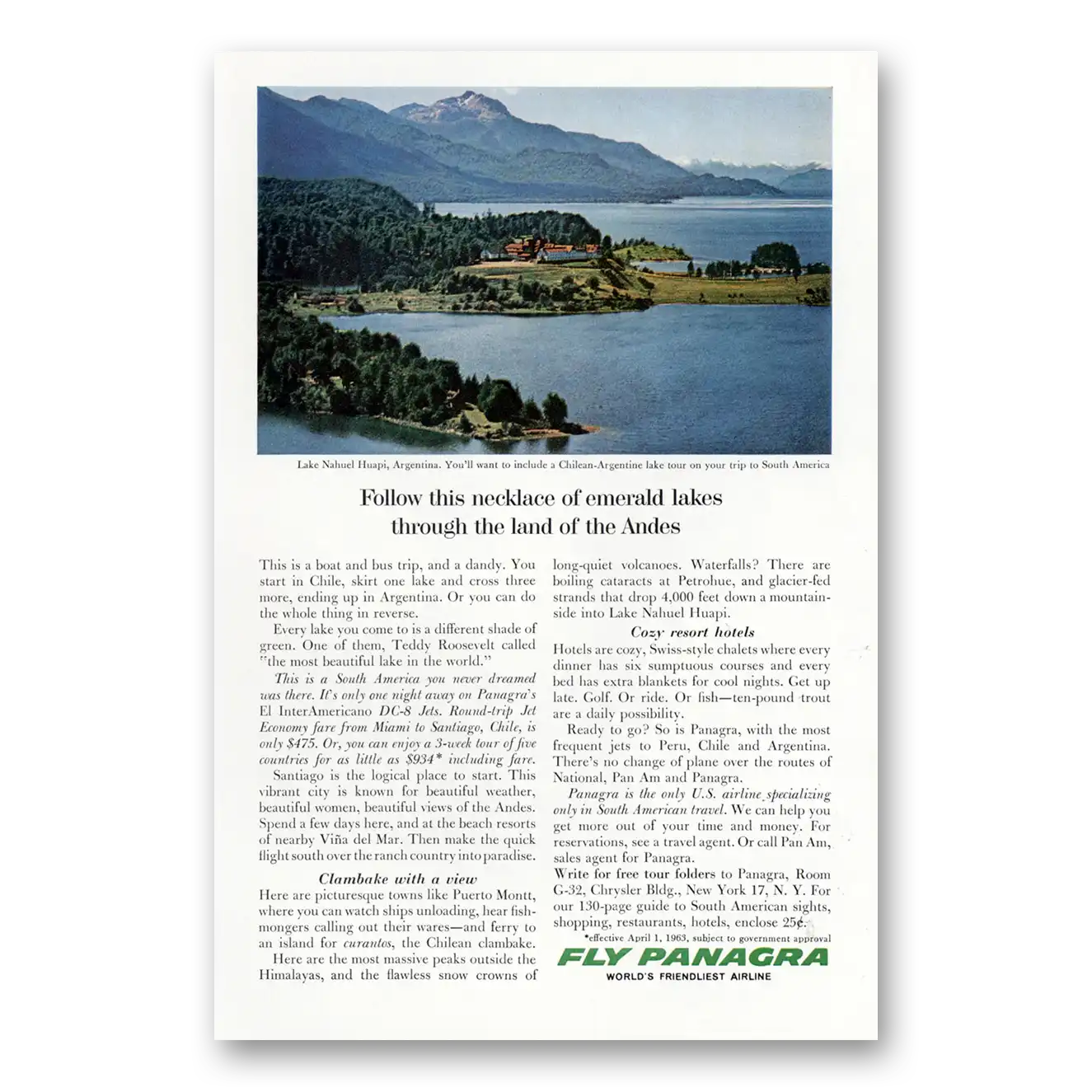 1963 Panagra Airlines Follow This Necklace of Emerald Lakes Vintage Magazine Print Ad