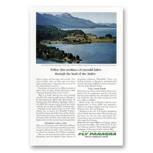 1963 Panagra Airlines Follow This Necklace of Emerald Lakes Vintage Magazine Print Ad