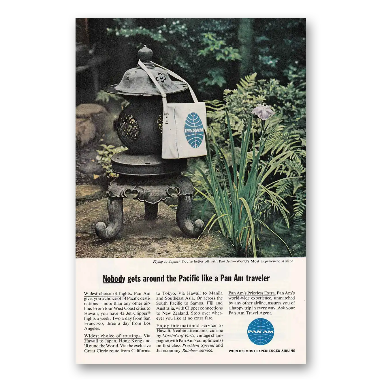 1963 Pan Am Nobody Gets Around the Pacific Vintage Magazine Print Ad