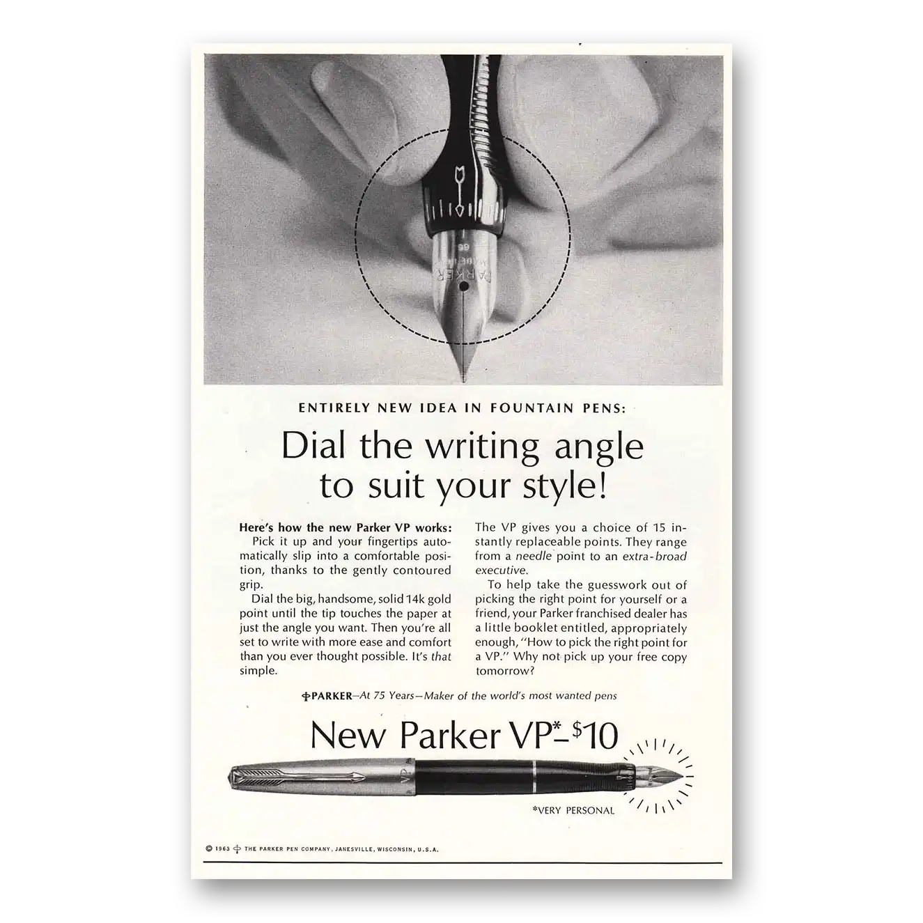 1963 Parker VP Pen Dial the Writing Angle Vintage Magazine Print Ad