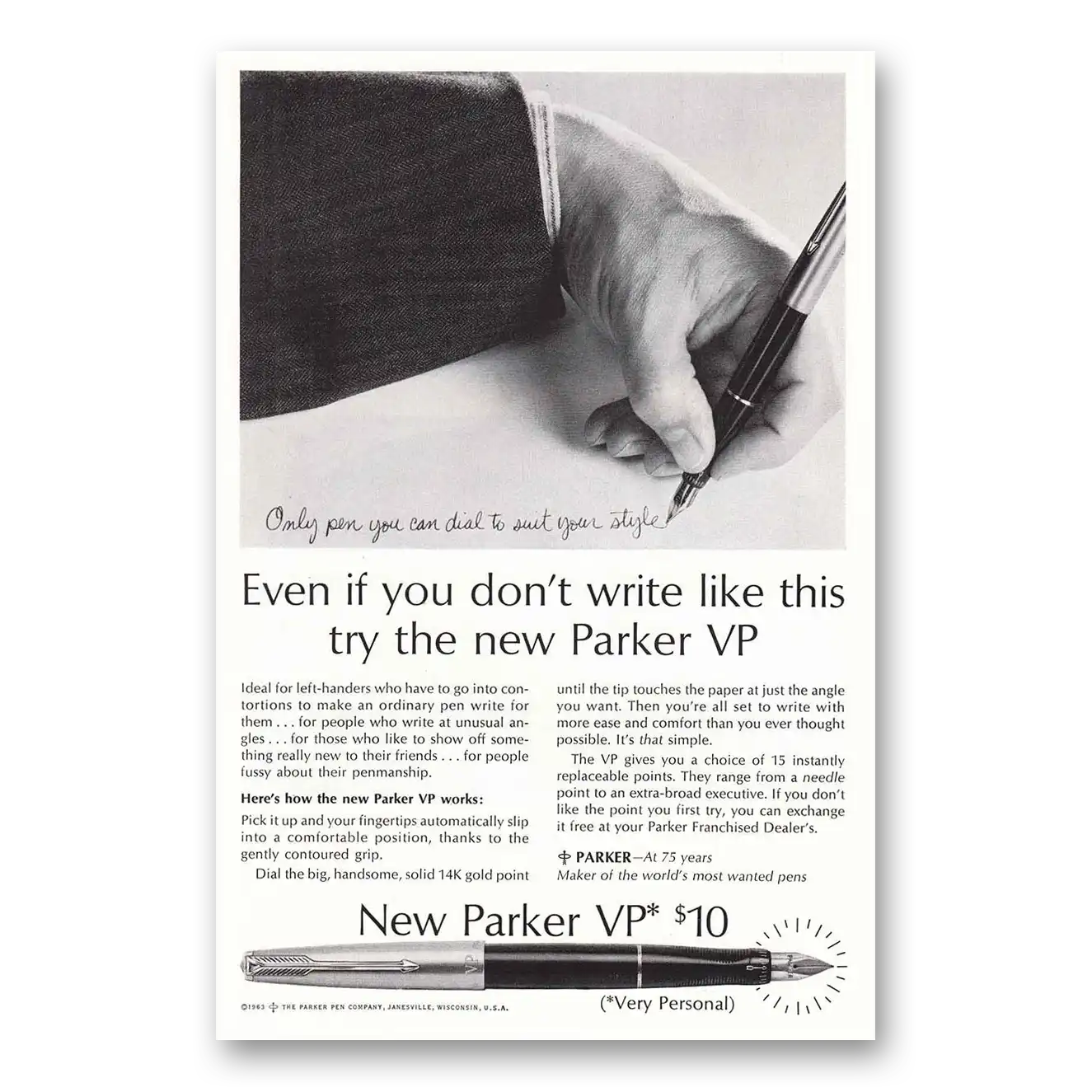 1963 Parker VP Pen Even If You Don't Write Like This Vintage Magazine Print Ad