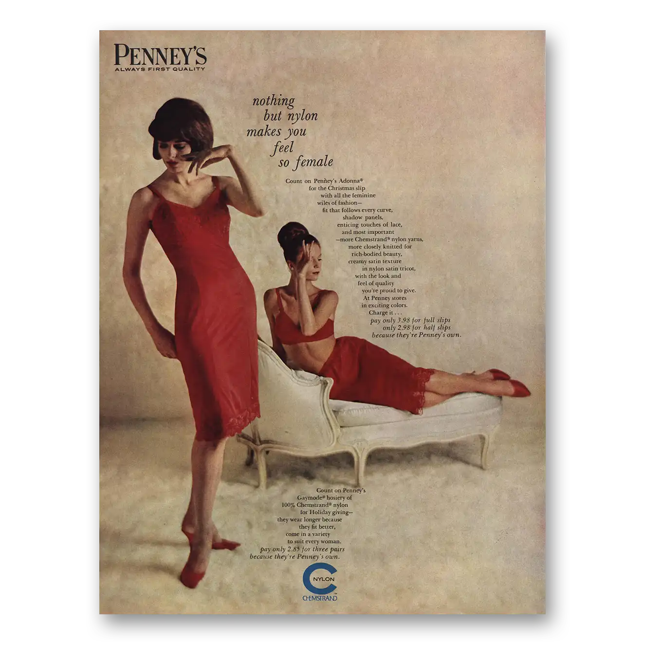 1963 JcPenney Nothing But Nylon Makes You Feel So Female Vintage Magazine Print Ad