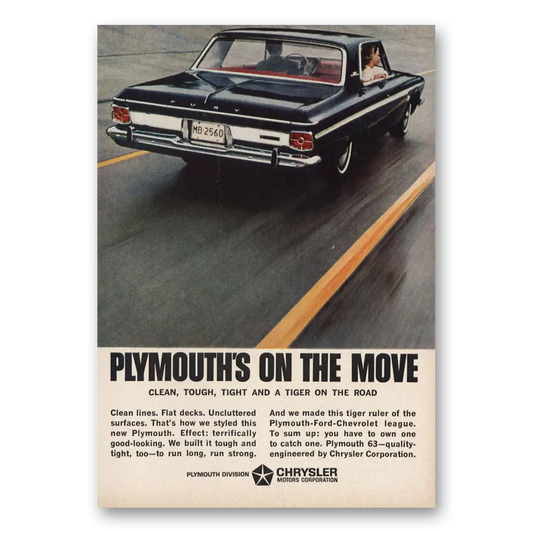 1963 Plymouth On the Move Clean Tough Vintage Magazine Print Ad