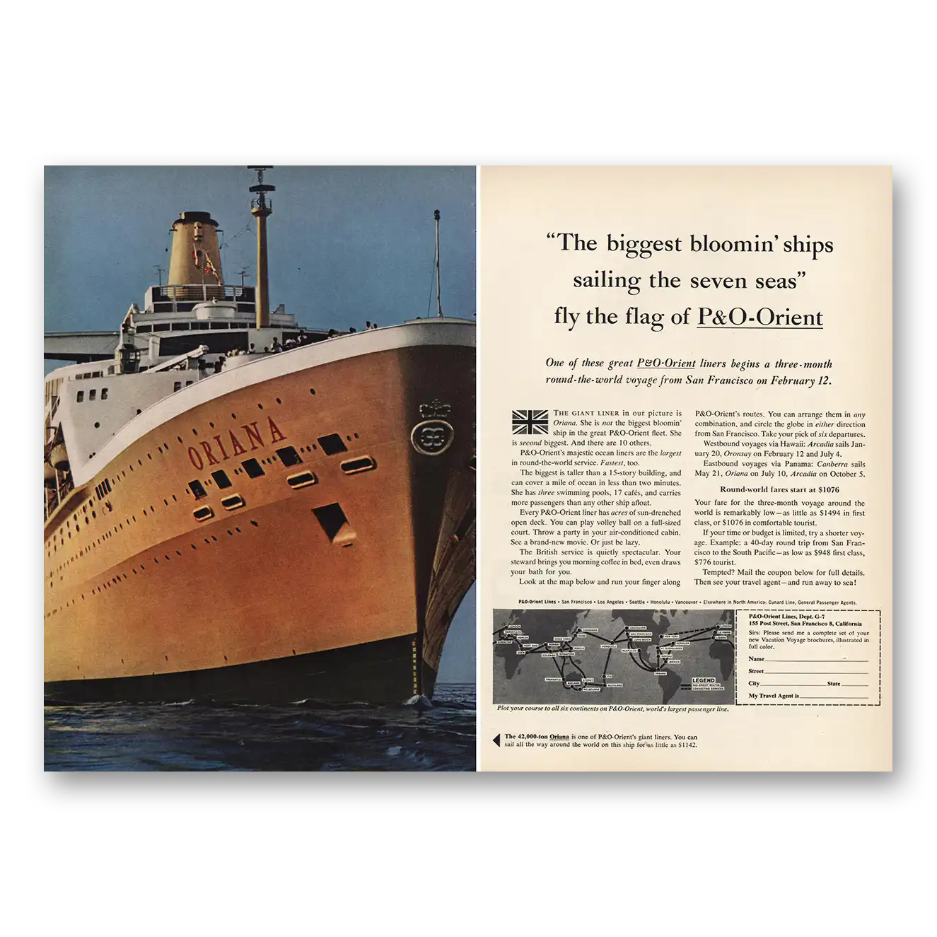 1963 P & O Lines Biggest Blooomin Ships Oriana Vintage Magazine Print Ad