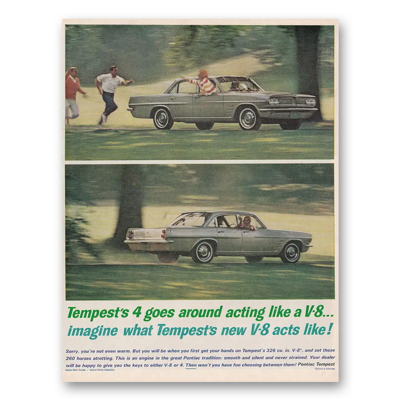 1963 Pontiac Tempest Goes Around Acting Like a V8 Vintage Magazine Print Ad