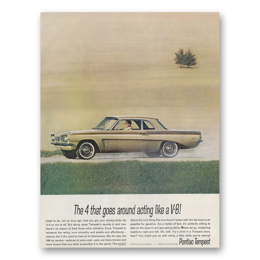 1962 Pontiac Tempest Goes Around Acting Like a V8 Vintage Magazine Print Ad