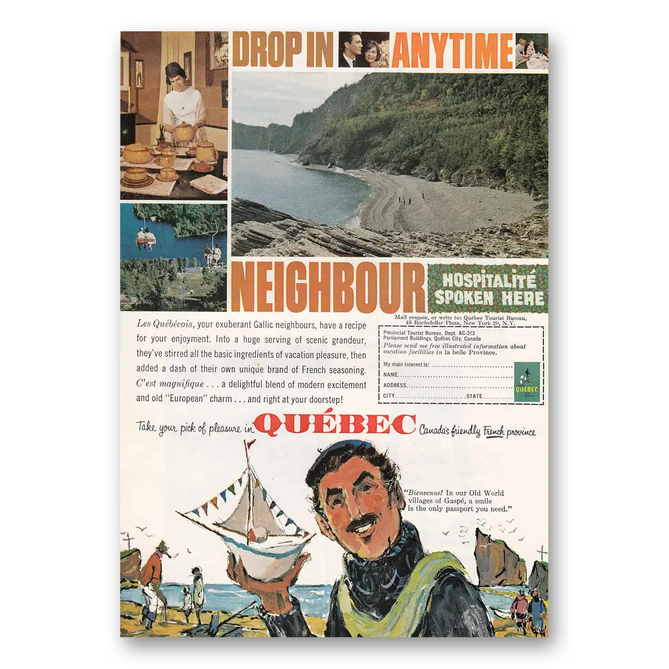 1963 Quebec Canada Drop In Anytime Neighbor Vintage Magazine Print Ad