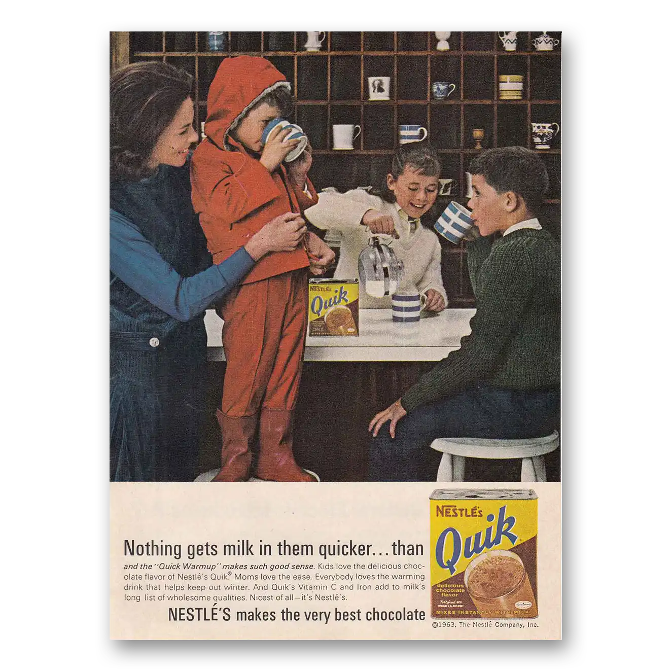 1963 Nestle Quik Quik Nothing Gets Milk in Them Vintage Magazine Print Ad