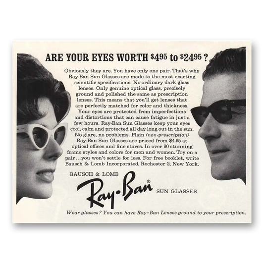 1963 Ray Ban Sun Glasses Are Your Eyes Worth Vintage Magazine Print Ad