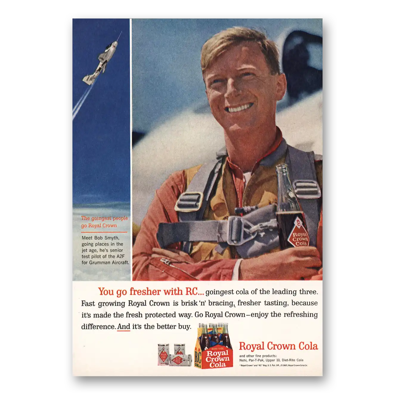 1963 Royal Crown Cola Bob Smyth Grumman Test Pilot Vintage Magazine Print Ad