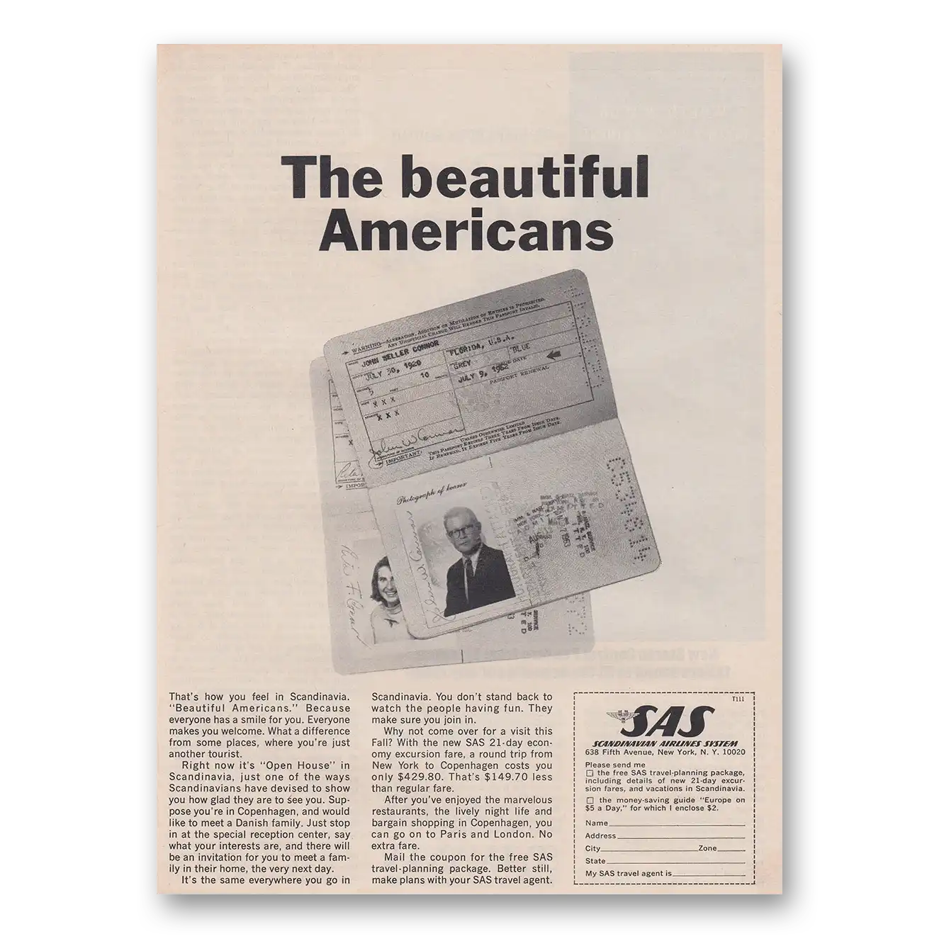 1963 SAS Scandinavian Airlines Beautiful Americans Vintage Magazine Print Ad