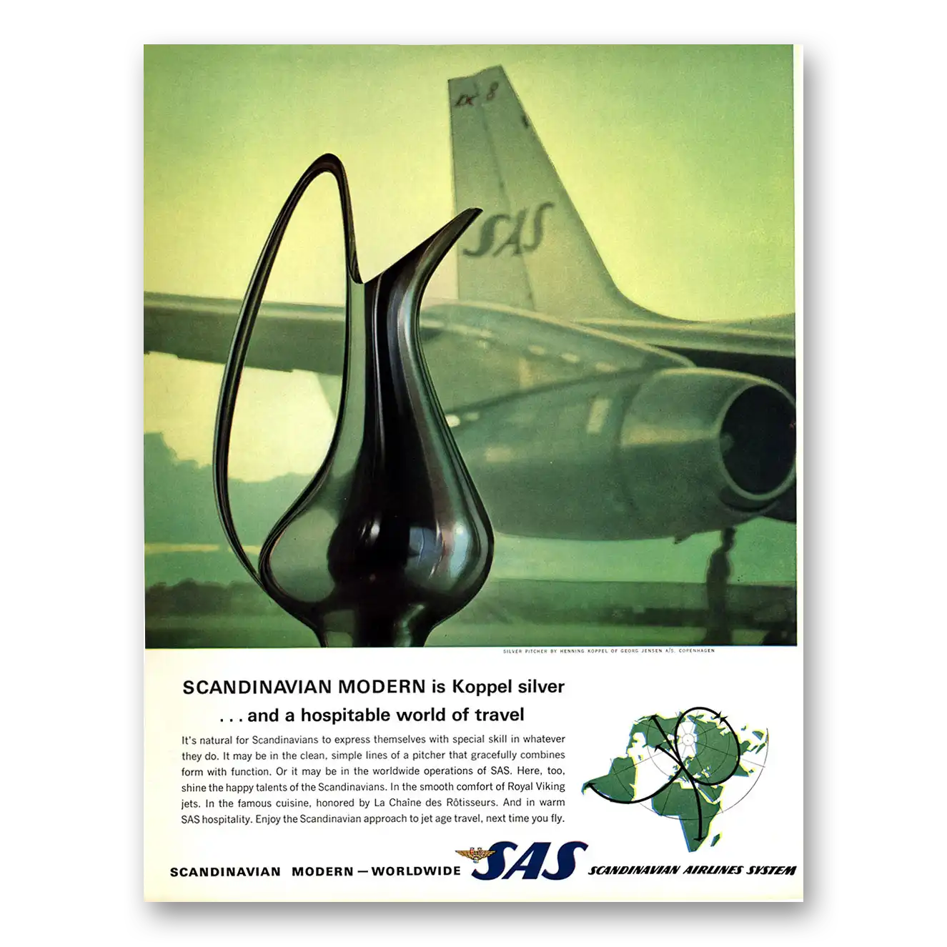 1963 SAS Scandinavian Airlines Modern Koppel Silver Vintage Magazine Print Ad