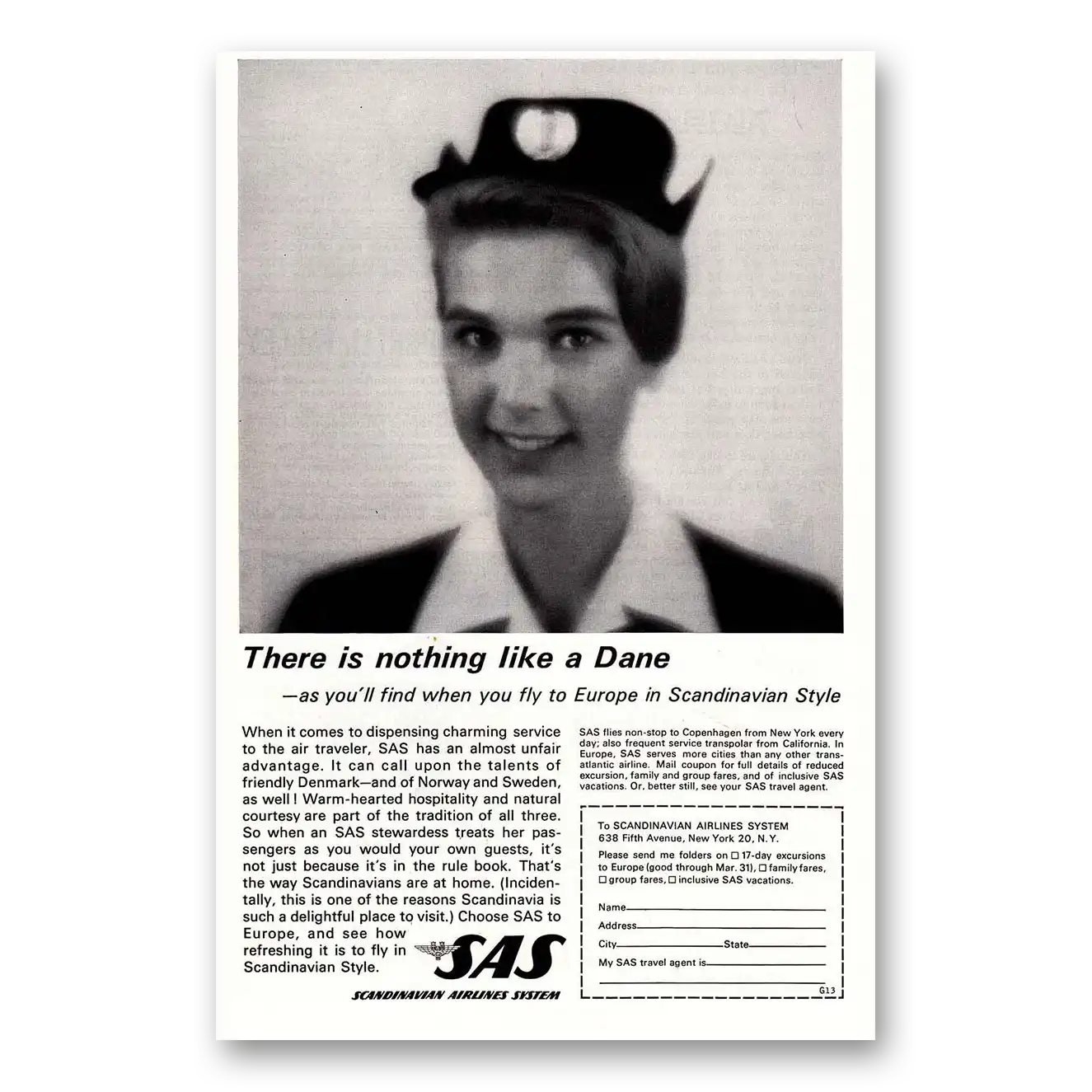 1963 SAS Scandinavian Airlines Flight Attendant Nothing Like a Dane Vintage Magazine Print Ad