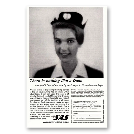 1963 SAS Scandinavian Airlines Flight Attendant Nothing Like a Dane Vintage Magazine Print Ad