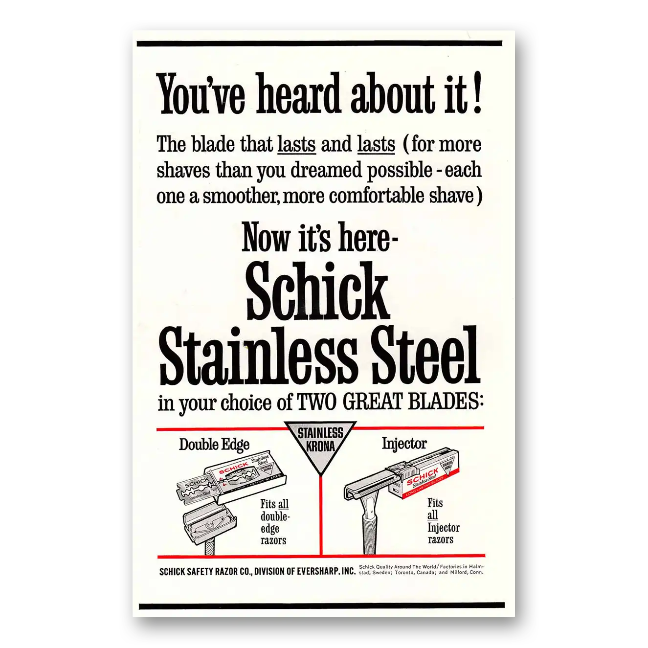 1963 Schick Stainless Steel Blades Heard About It Vintage Magazine Print Ad