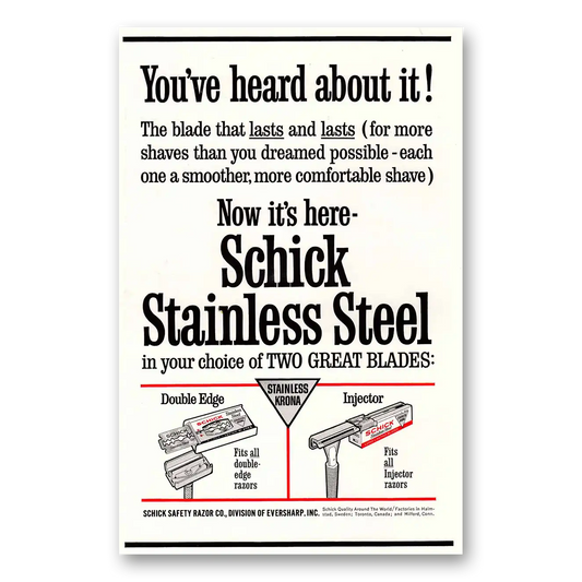 1963 Schick Stainless Steel Blades Heard About It Vintage Magazine Print Ad