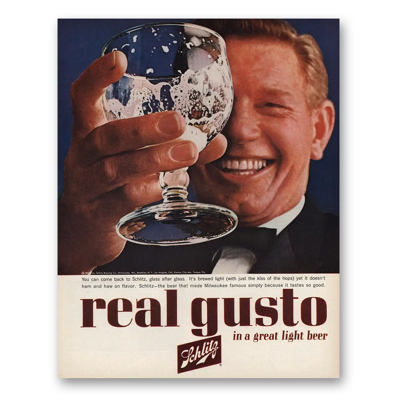 1963 Schlitz Beer Real Gusto Great Light Beer Vintage Magazine Print Ad