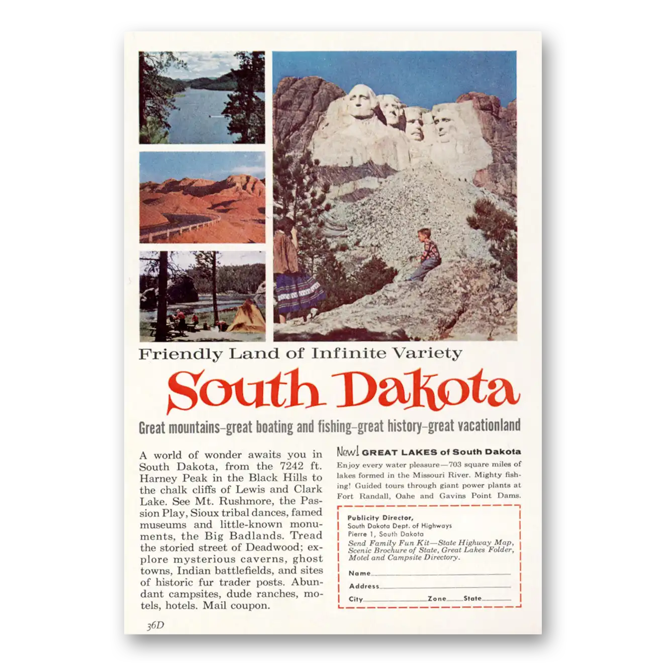 1963 South Dakota Friendly Land of Infinite Variety Vintage Magazine Print Ad