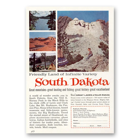 1963 South Dakota Friendly Land of Infinite Variety Vintage Magazine Print Ad