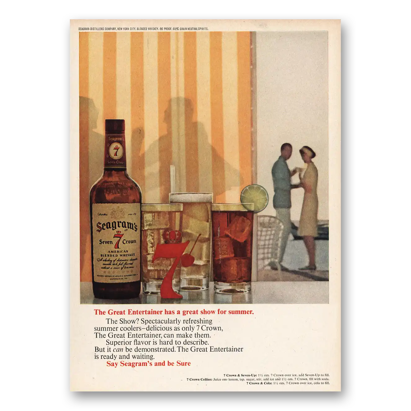 1963 Seagrams 7 Crown Whiskey Great Entertainer Great Show for Summer Vintage Magazine Print Ad