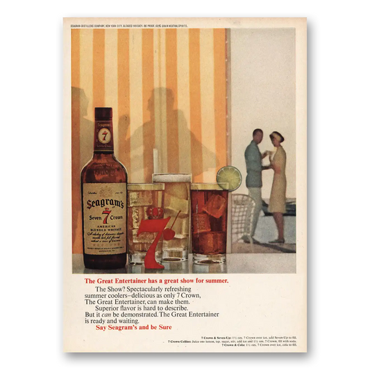 1963 Seagrams 7 Crown Whiskey Great Entertainer Great Show for Summer Vintage Magazine Print Ad