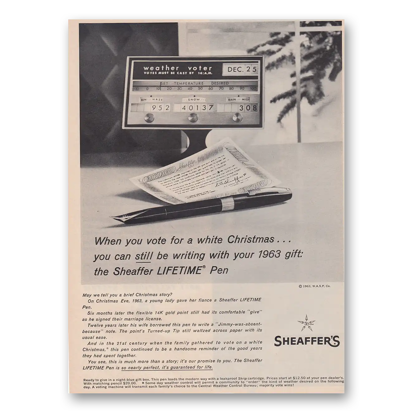 1963 Sheaffers Lifetime Pen Vote for a White Christmas Vintage Magazine Print Ad