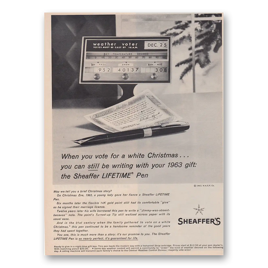 1963 Sheaffers Lifetime Pen Vote for a White Christmas Vintage Magazine Print Ad