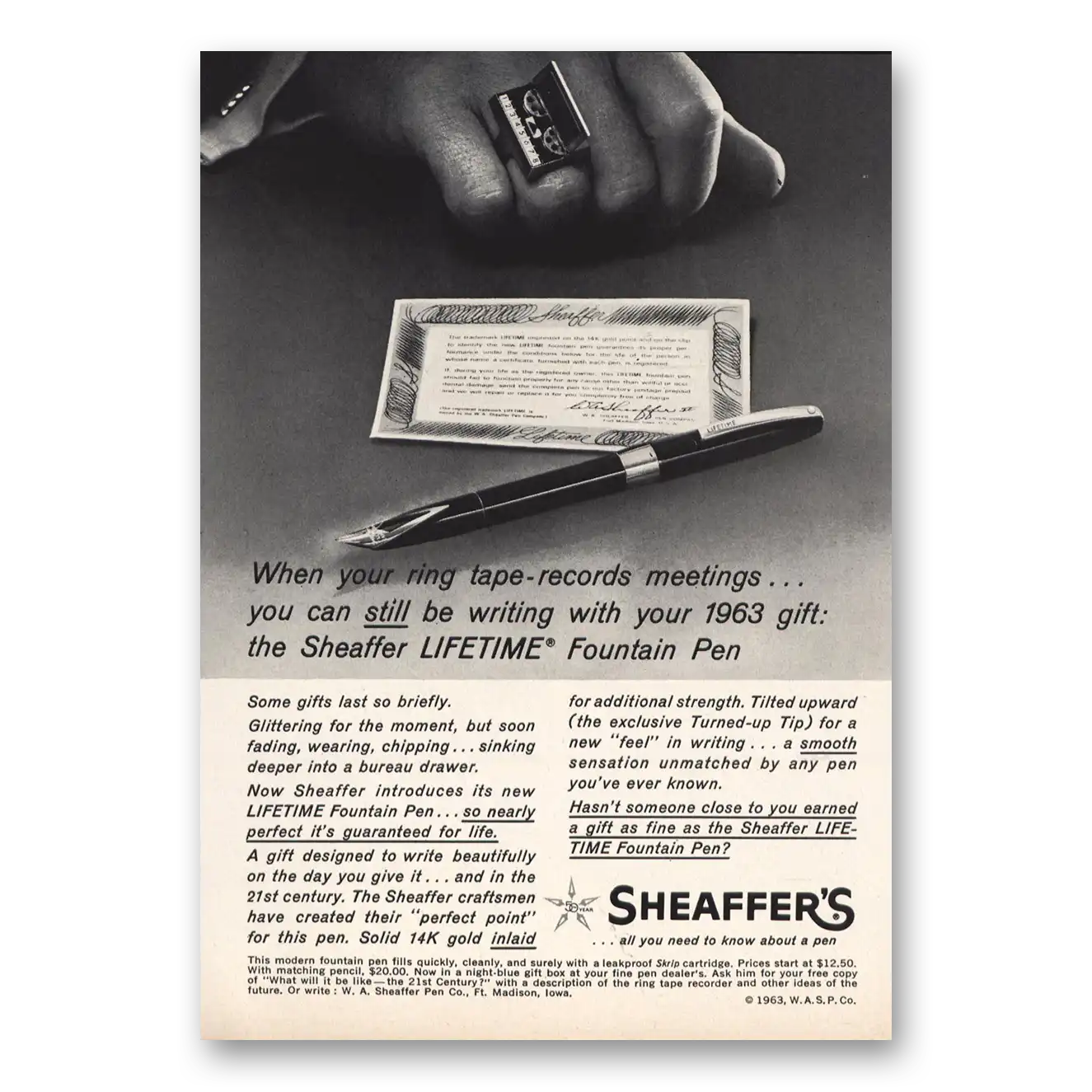 1963 Sheaffers Lifetime Pen Tape Records Meetings Vintage Magazine Print Ad