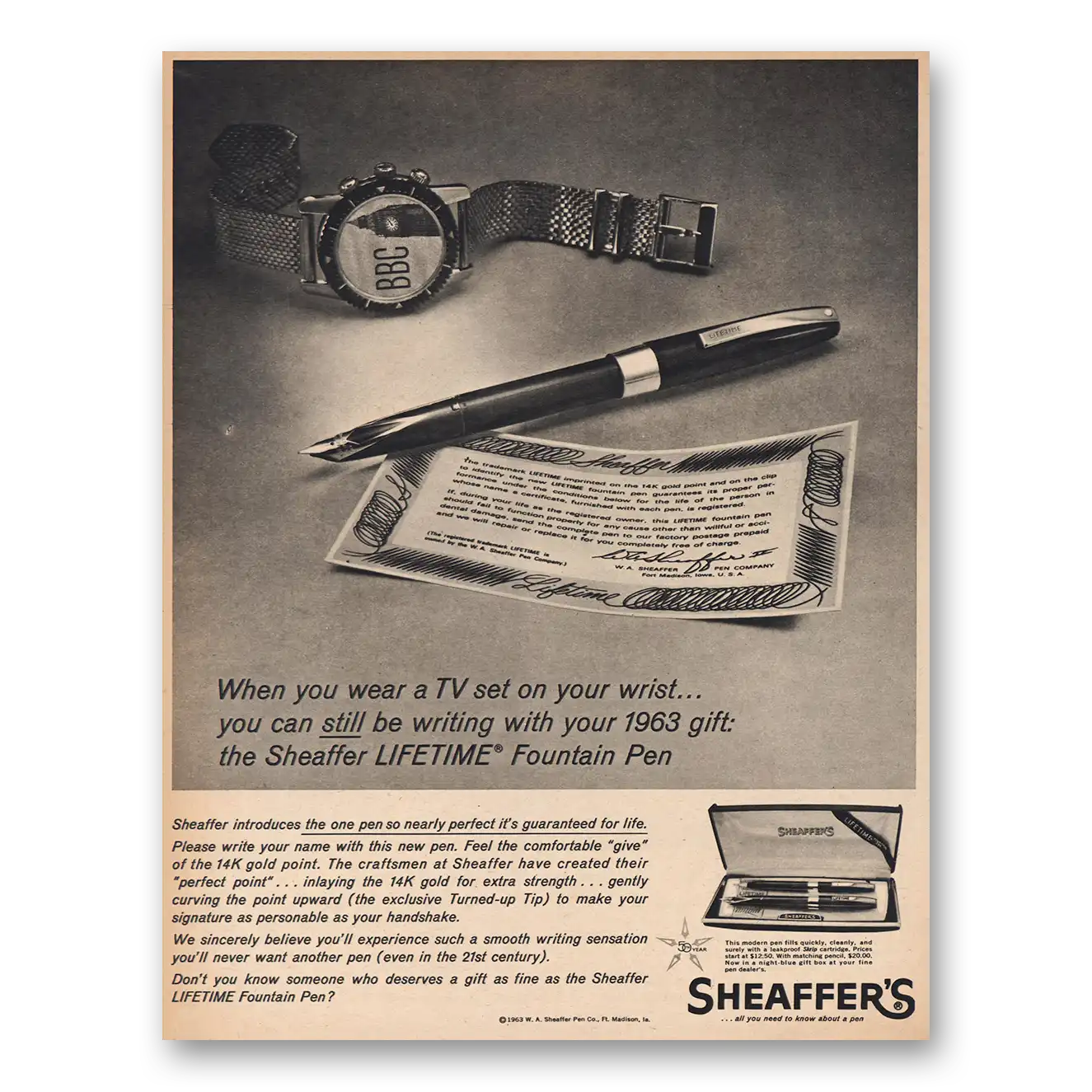 1963 Sheaffer Pen TV Set On Wrist Vintage Magazine Print Ad