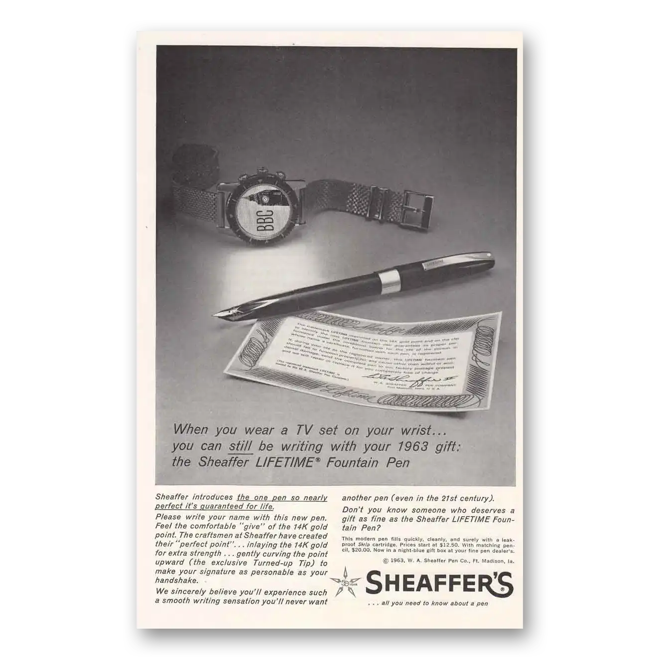 1963 Sheaffers Lifetime Pen TV Set on Your Wrist Vintage Magazine Print Ad