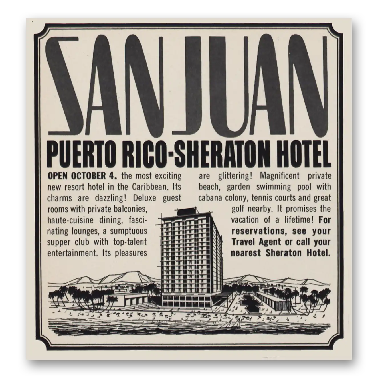 1963 Puerto Rico Sheraton Hotel Open October 4 Vintage Magazine Print Ad