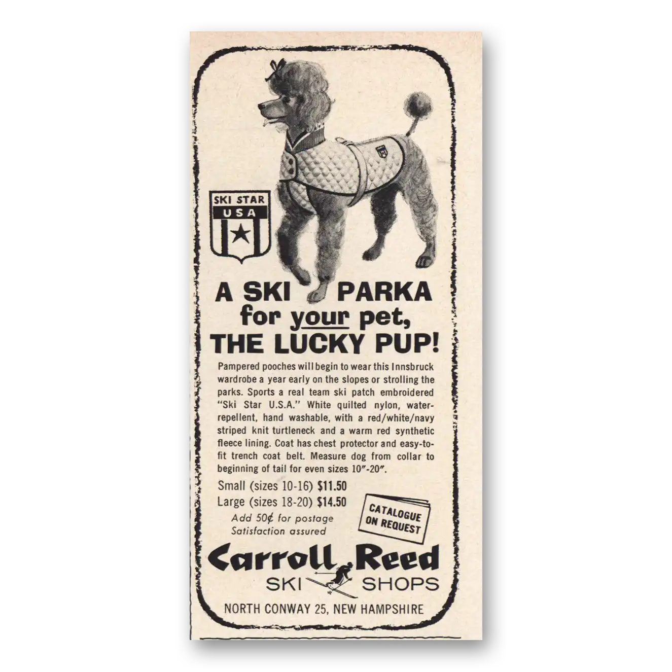 1963 Carroll Reed Ski Shops Ski Parka Lucky Pup Vintage Magazine Print Ad