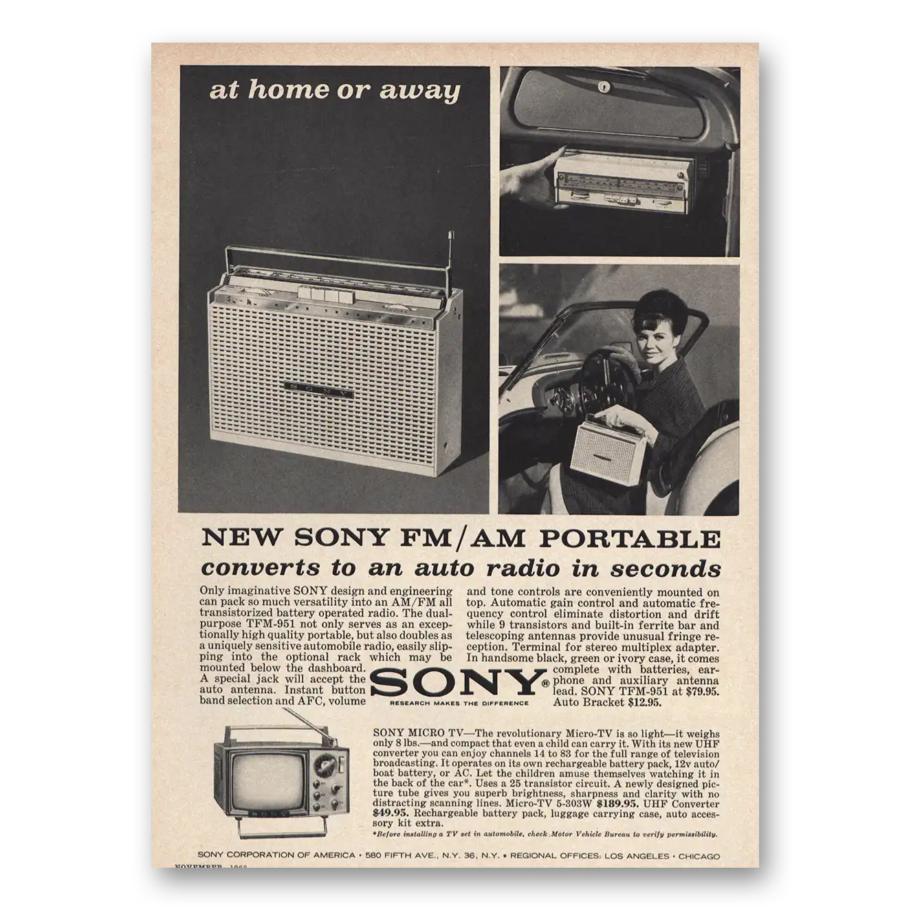 1963 Sony Radio FM AM Portable Converts to Auto Radio Vintage Magazine Print Ad