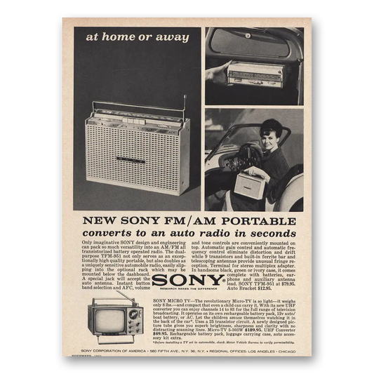 1963 Sony Radio FM AM Portable Converts to Auto Radio Vintage Magazine Print Ad