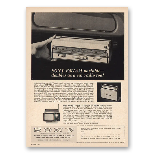 1963 Sony Radio Doubles As Car Radio Vintage Magazine Print Ad