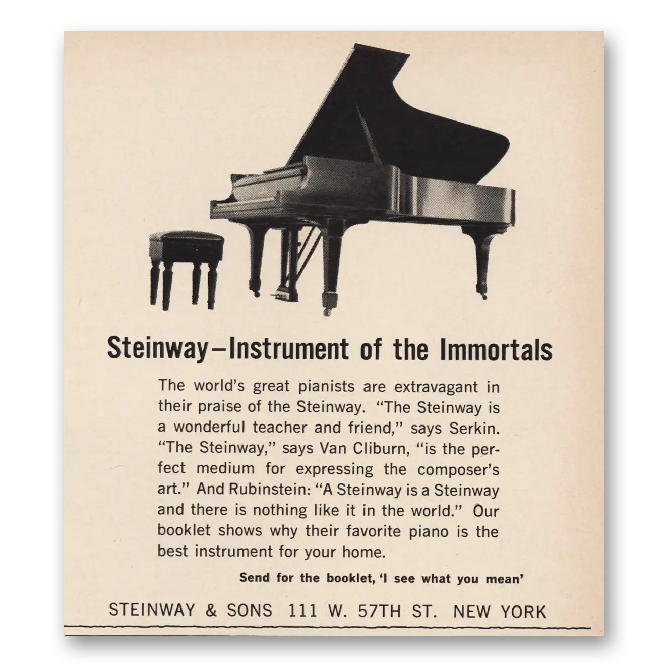 1963 Steinway Piano Instrument of Immortals Vintage Magazine Print Ad