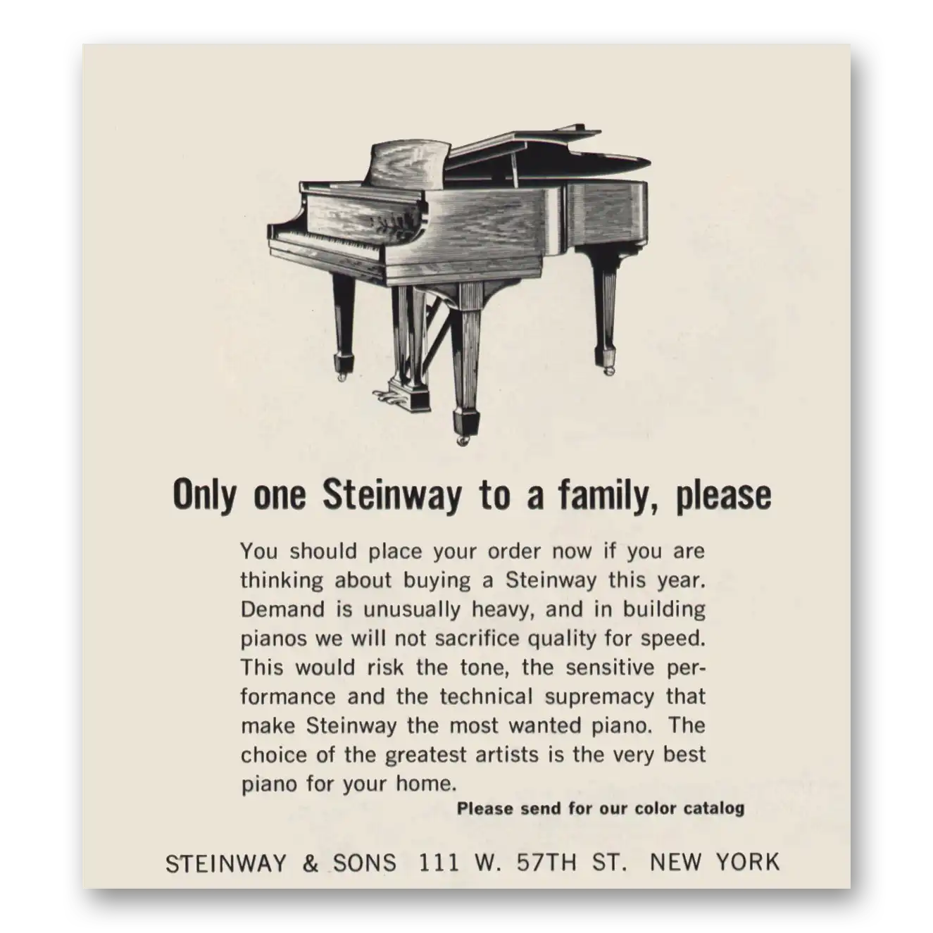 1963 Steinway Piano Only One Steinway to a Family Please Vintage Magazine Print Ad