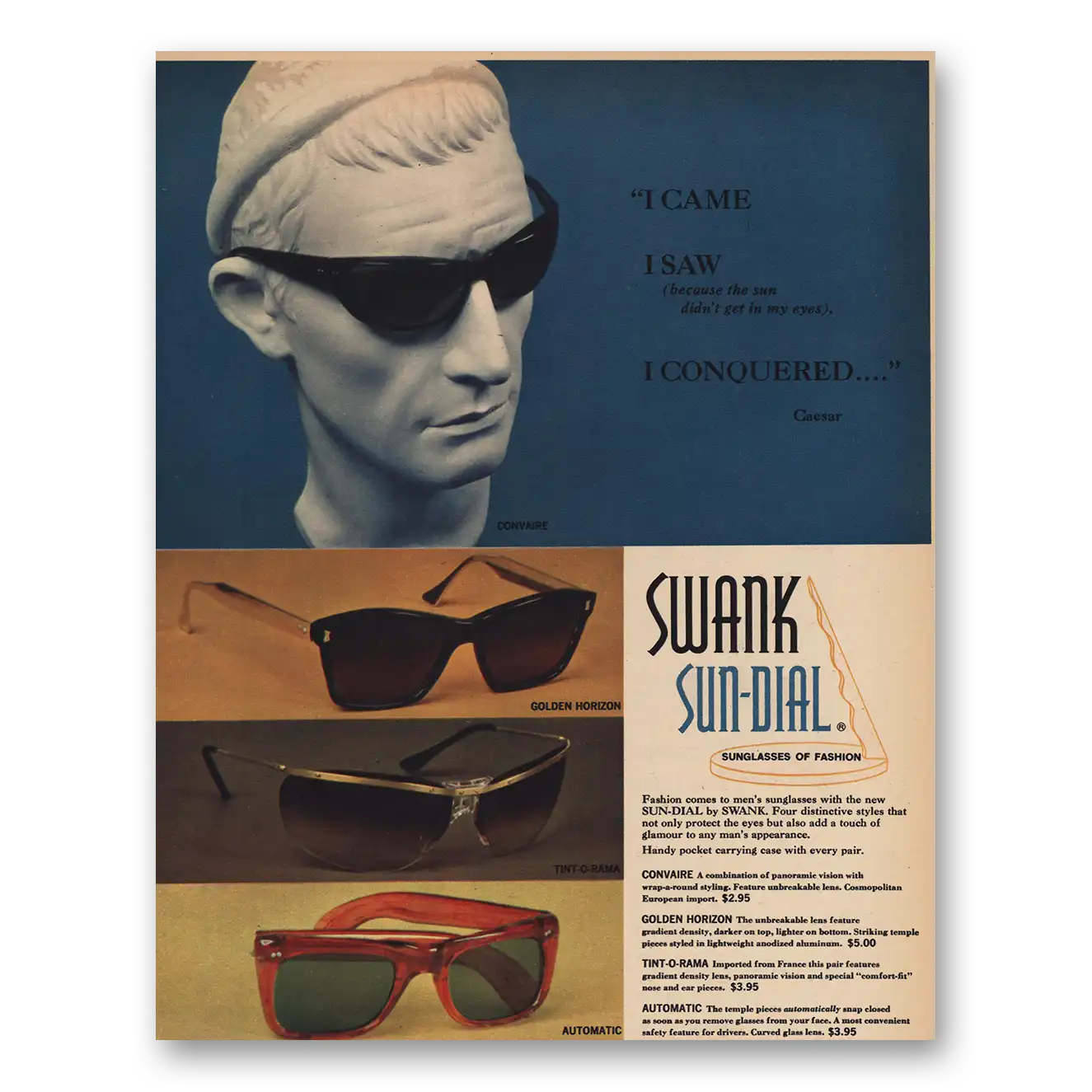 1963 Swank Sun Dial Mens Sunglasses Vintage Magazine Print Ad