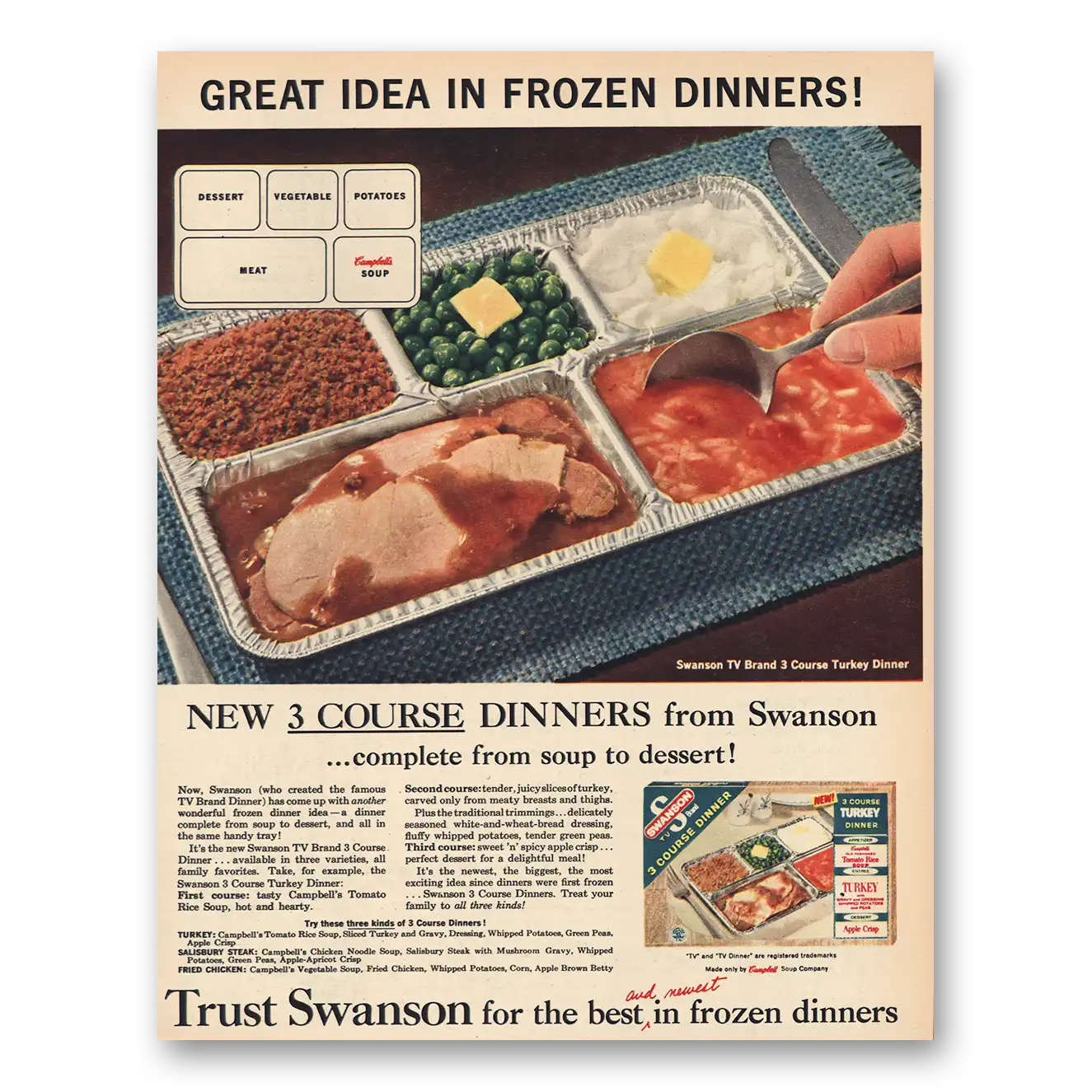 1963 Swanson Frozen Dinners 3 Course Dinners Vintage Magazine Print Ad