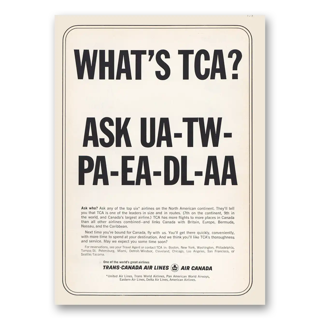 1963 TCA Air Canada Whats TCA Ask UA TW PA EA DL AA Vintage Magazine Print Ad